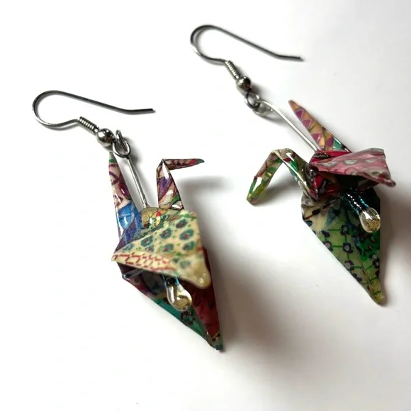 Origami Crane Bird Colorful Earrings- Boho Jeweled Dangling - Picture 2 of 5